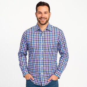 Peter Millar Men's Blue, Gray and Purple Checkered Shirt Size S